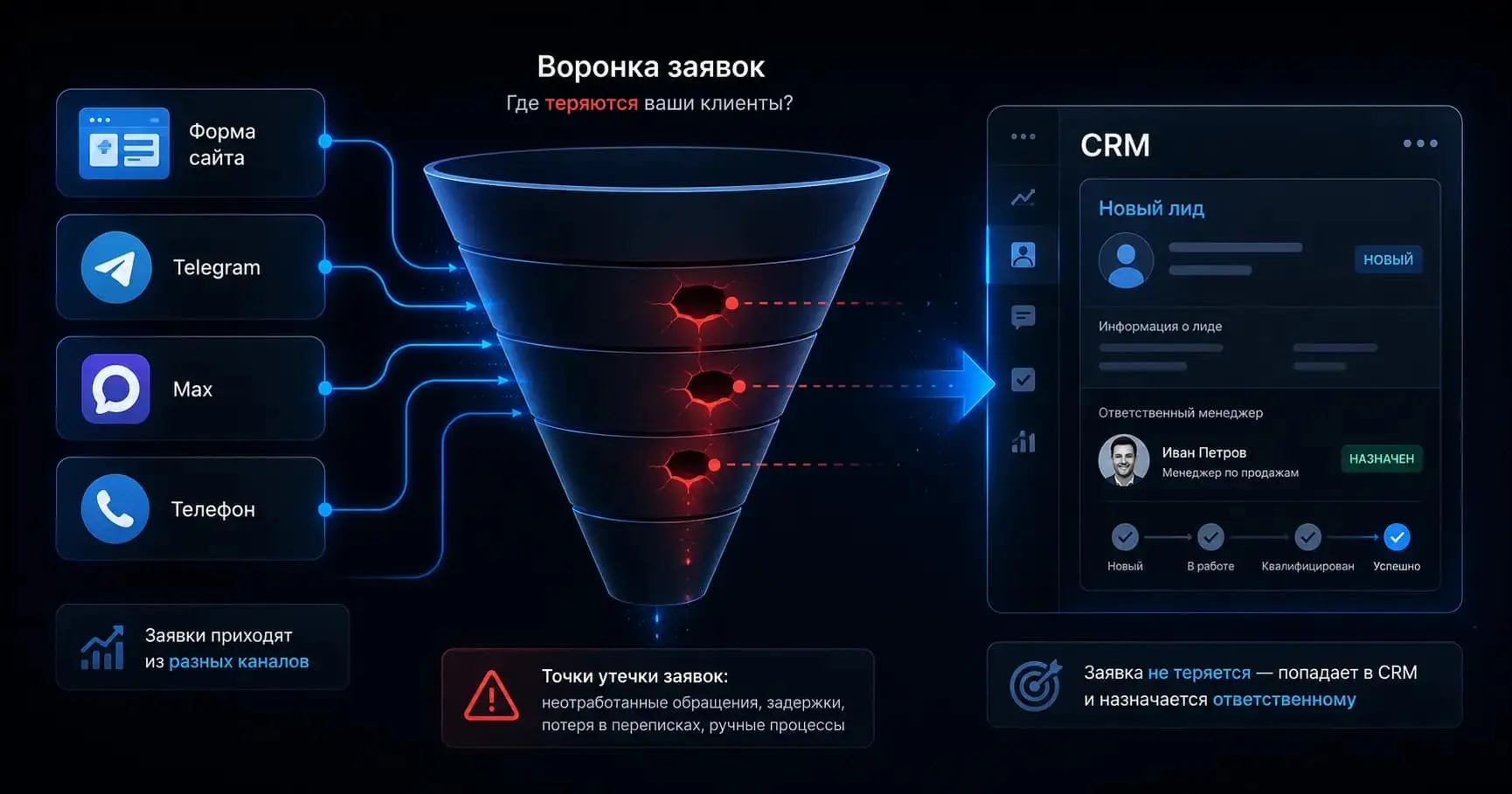 почему теряются заявки с сайта и мессенджеров — схема точек утечки и CRM-интеграции