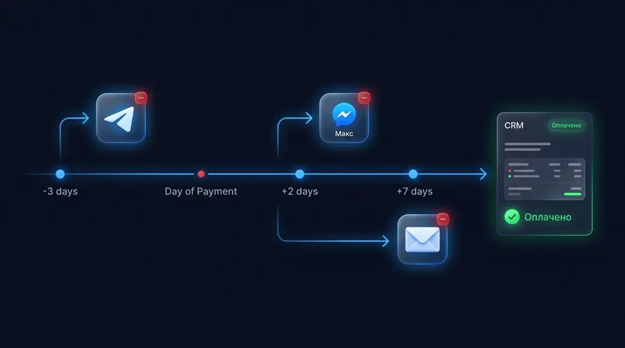 Автоматические напоминания об оплате клиентам — цепочка Telegram, WhatsApp, email и контроль дебиторки